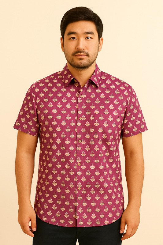 unisex patterned purple shirt in poppies print with pocket and wooden buttons short sleeves button down shirt.