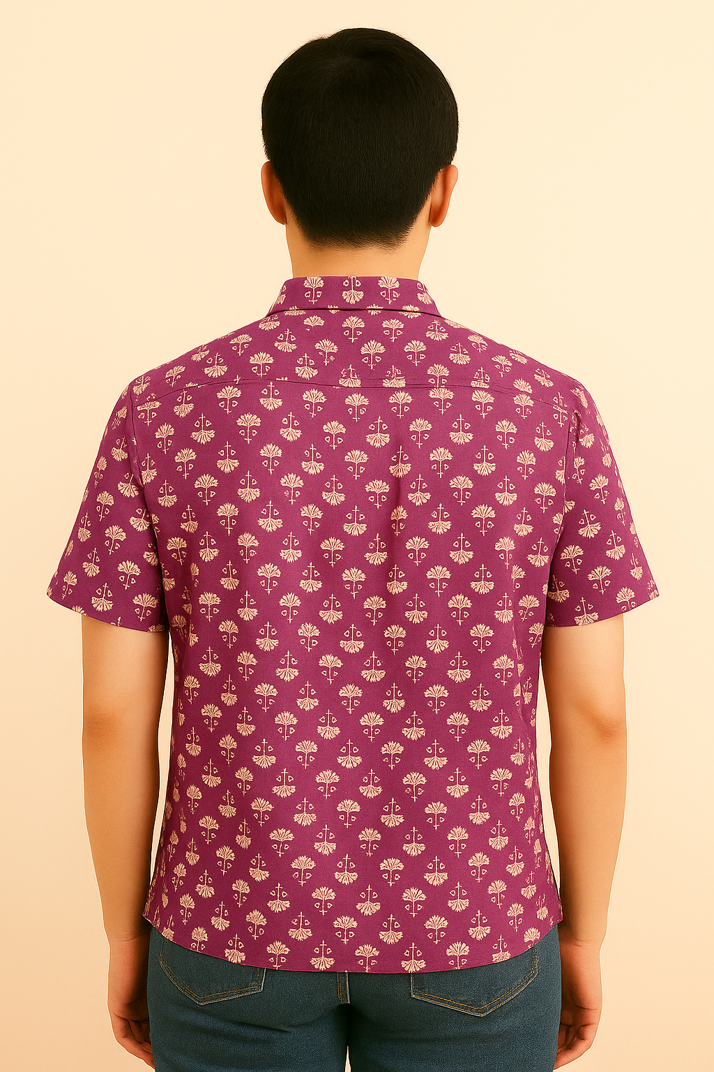 unisex patterned purple shirt in poppies print with pocket and wooden buttons short sleeves button down shirt.
