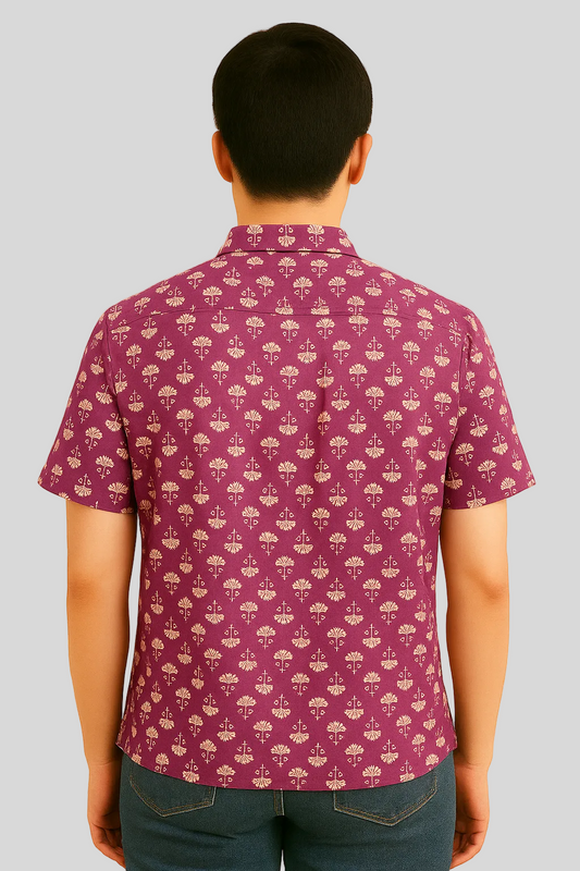 unisex patterned purple shirt in poppies print with pocket and wooden buttons short sleeves button down shirt.