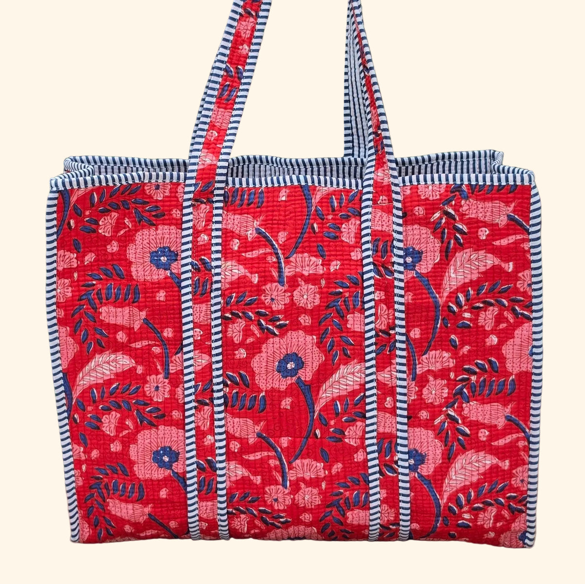 red and blue blockprint floral pattern quilted cotton tote bag reversible machine washable with pockets plain image