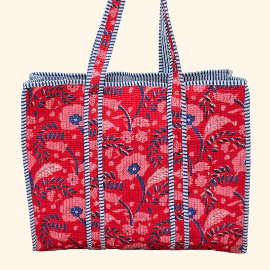red and blue blockprint floral pattern quilted cotton tote bag reversible machine washable with pockets plain image