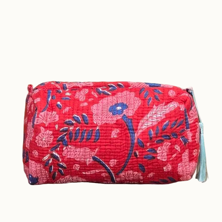 red and blue floral kantha print block printed makeup bag with tassles and waterproof lining and pockets