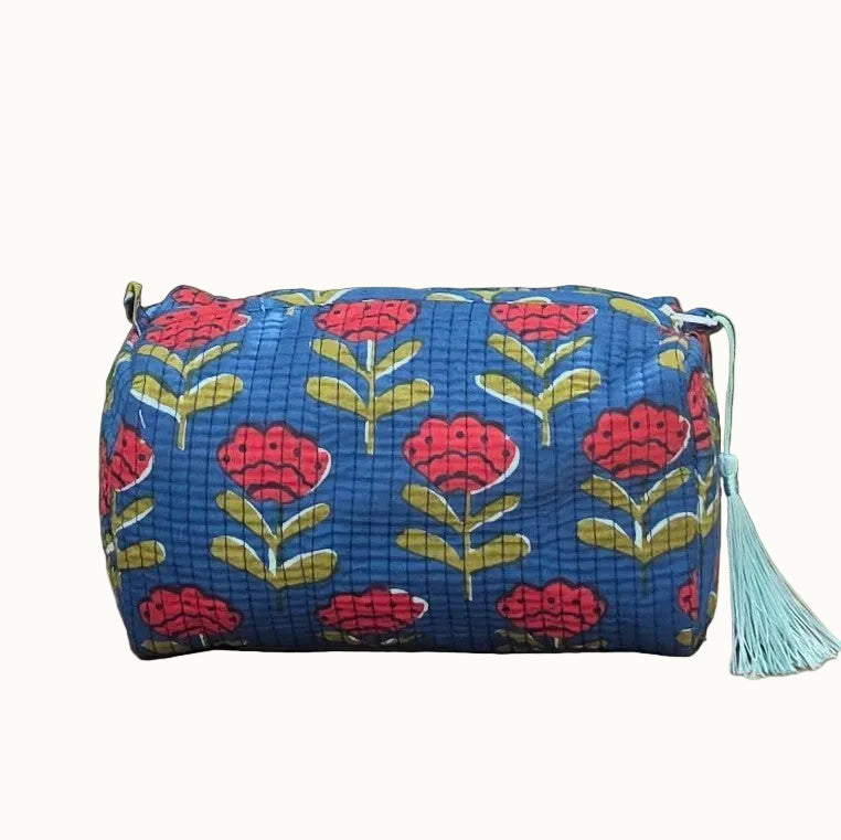 red and blue tulips floral print makeup bag with tassles and waterproof lining and pockets
