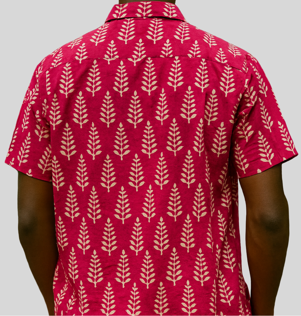 unisex red color blockprint fern print short sleeve button down shirt with pocket and wooden buttons