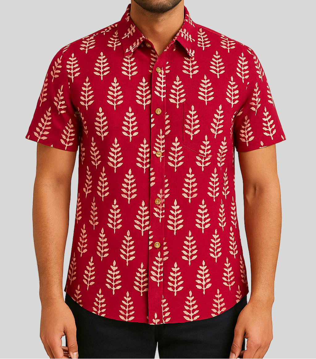 unisex red color blockprint fern print short sleeve button down shirt with pocket and wooden buttons