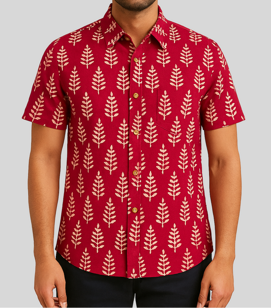unisex red color blockprint fern print short sleeve button down shirt with pocket and wooden buttons