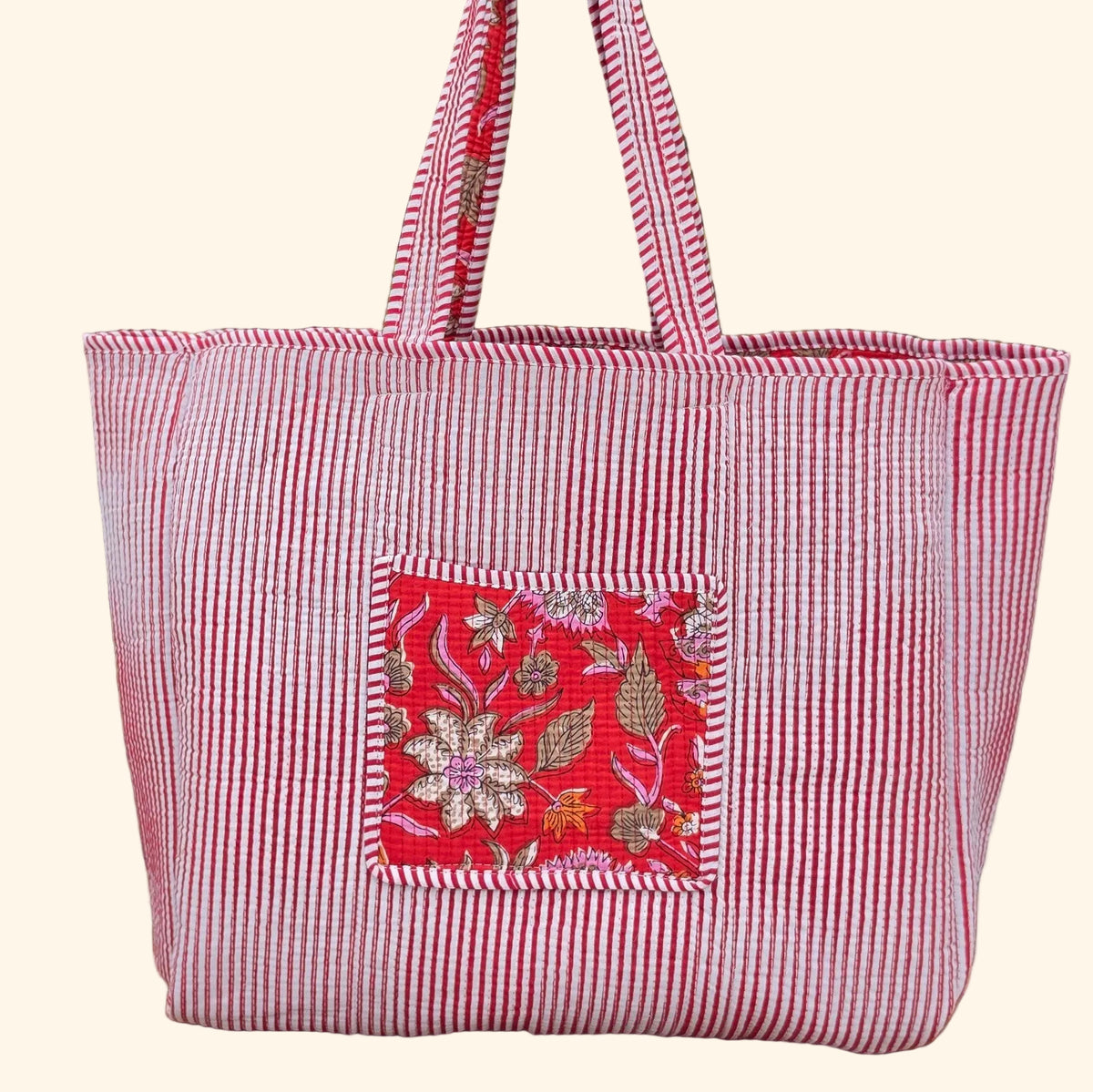 red floral quilted cotton tote bag reversible machine washable with pockets plain reverse image