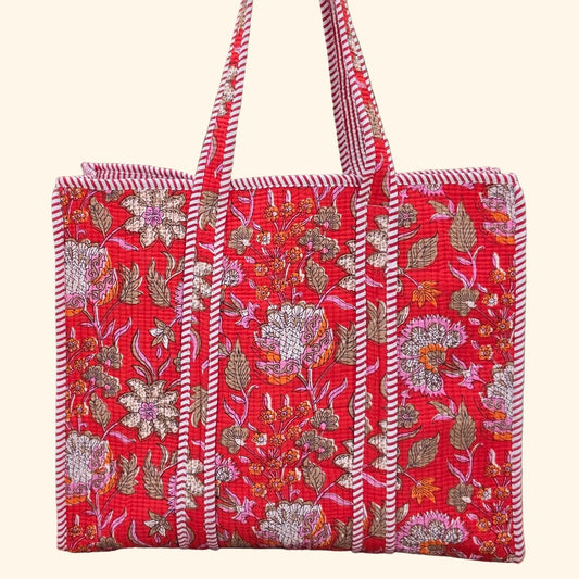 red floral quilted cotton tote bag reversible machine washable with pockets plain shot