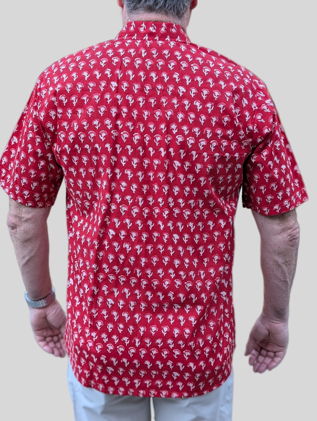 unisex red color blockprint floral short sleeve button down shirt with pocket and wooden buttons