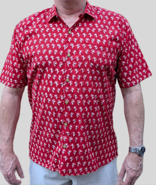 unisex red color blockprint floral short sleeve button down shirt with pocket and wooden buttons