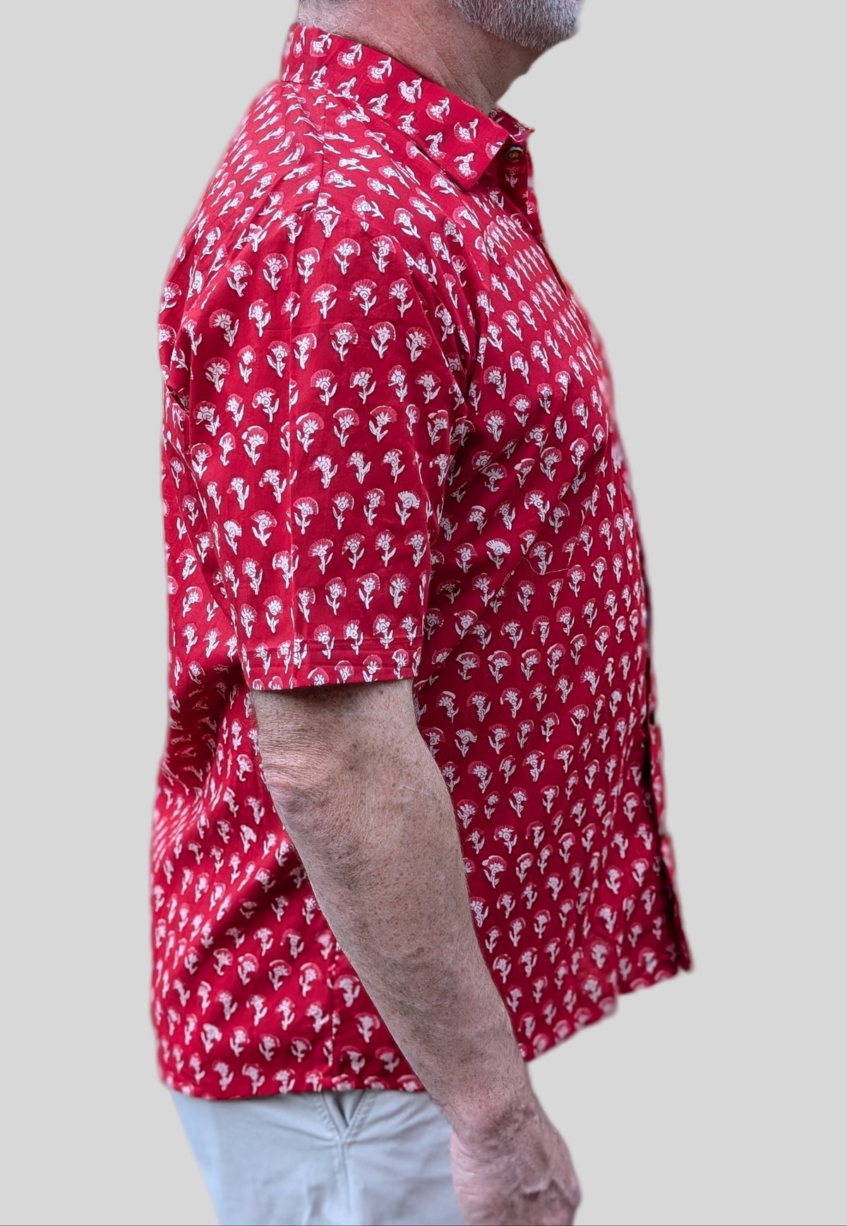unisex red color blockprint floral short sleeve button down shirt with pocket and wooden buttons