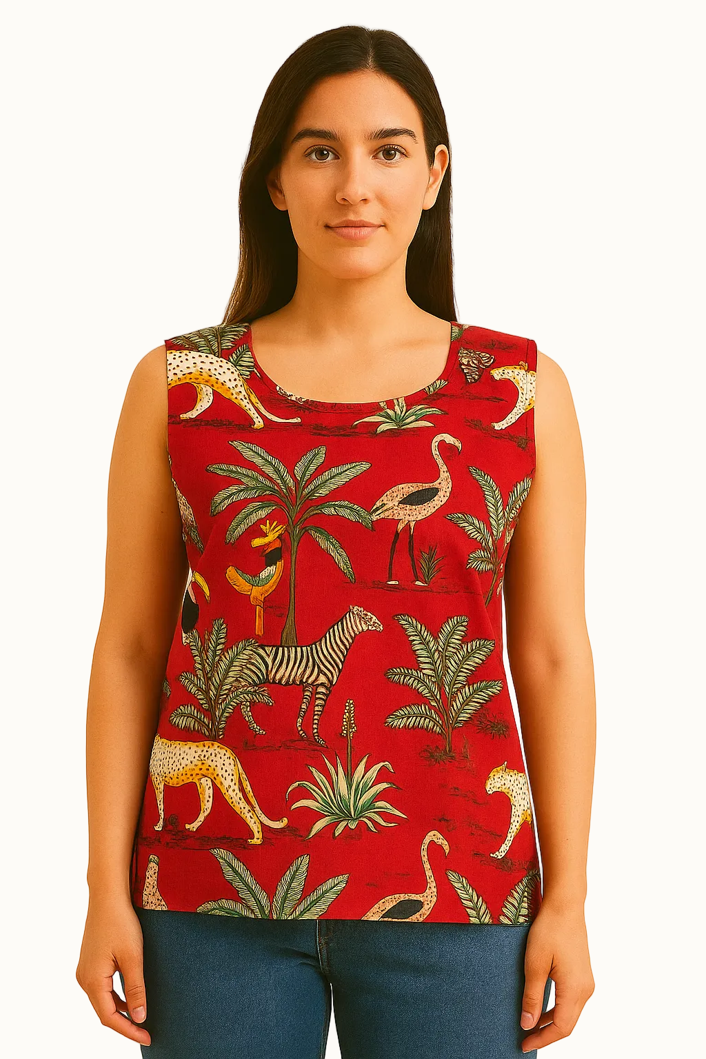 red jungle print premium cotton sleeveless tank top