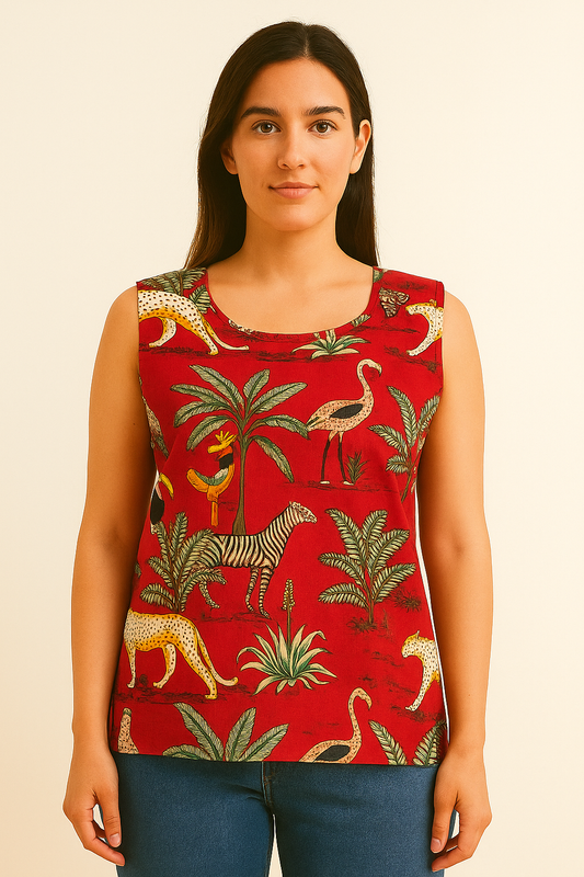 red jungle print premium cotton sleeveless tank top