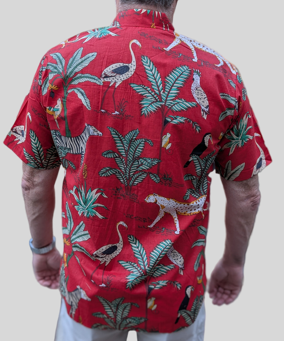 unisex red color jungle tropical print short sleeve button down shirt with wooden buttons