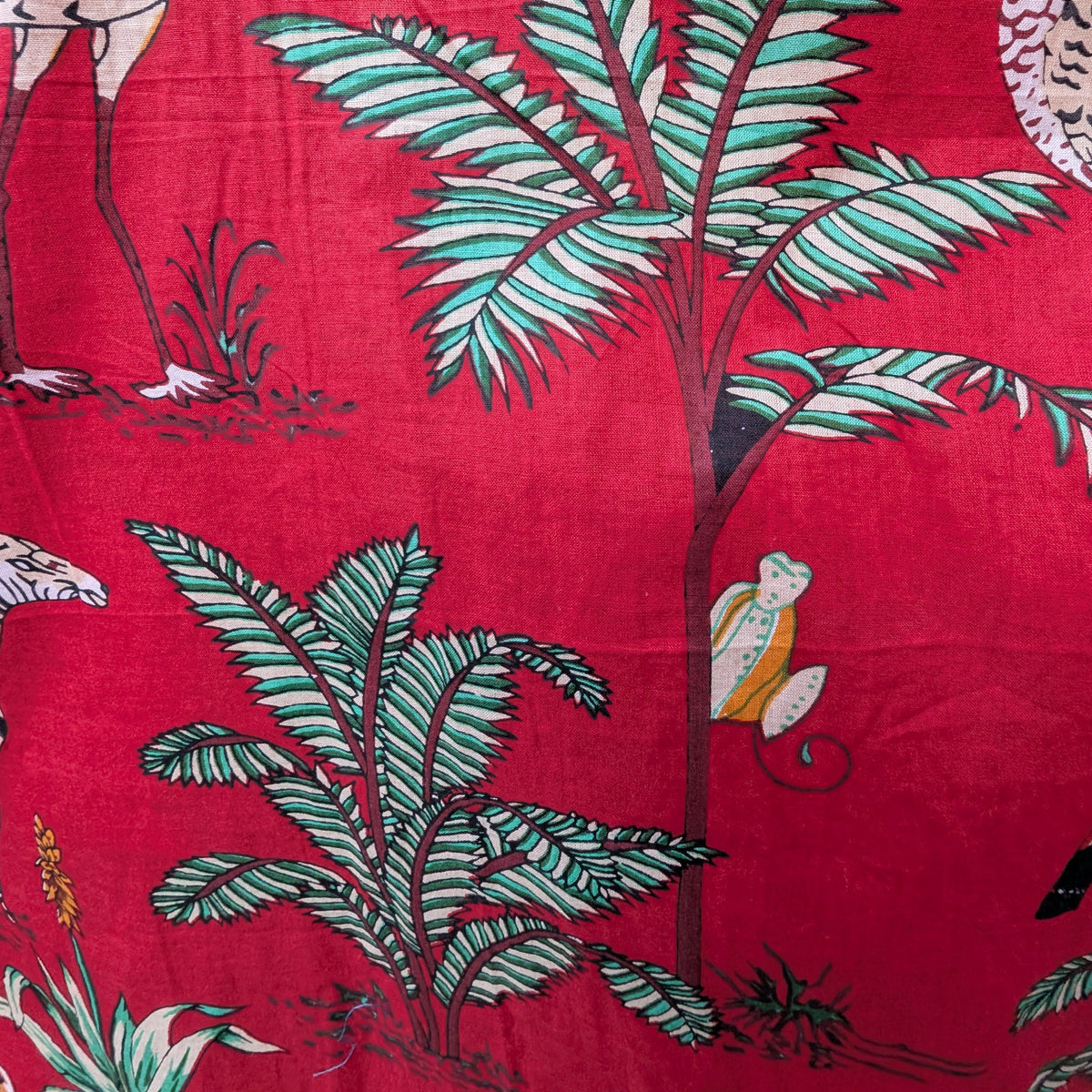 unisex red color jungle tropical print short sleeve button down shirt with wooden buttons