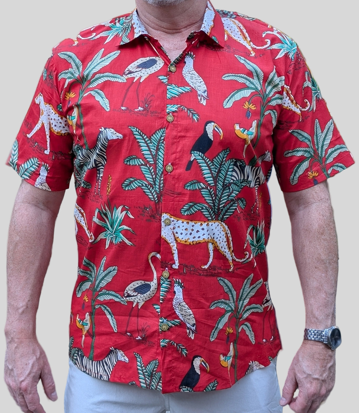 unisex red color jungle tropical print short sleeve button down shirt with wooden buttons