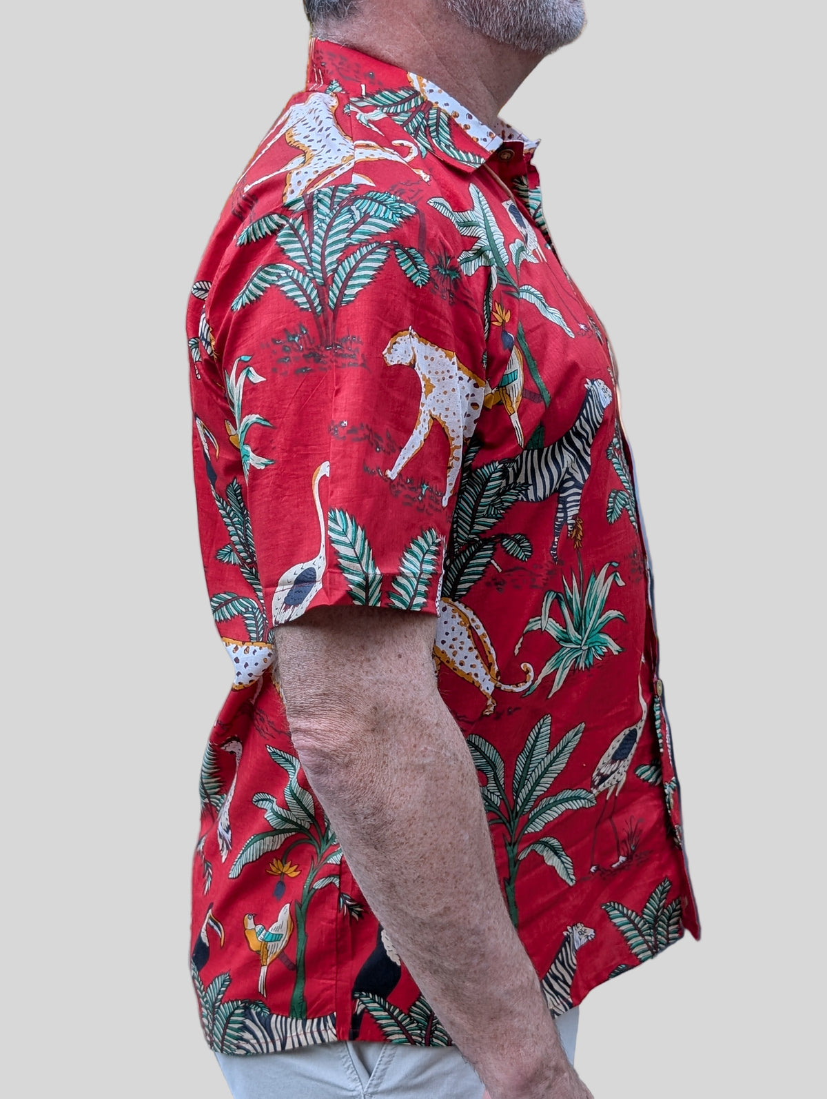 unisex red color jungle tropical print short sleeve button down shirt with wooden buttons