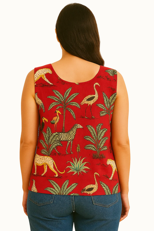 red jungle print premium cotton sleeveless tank top