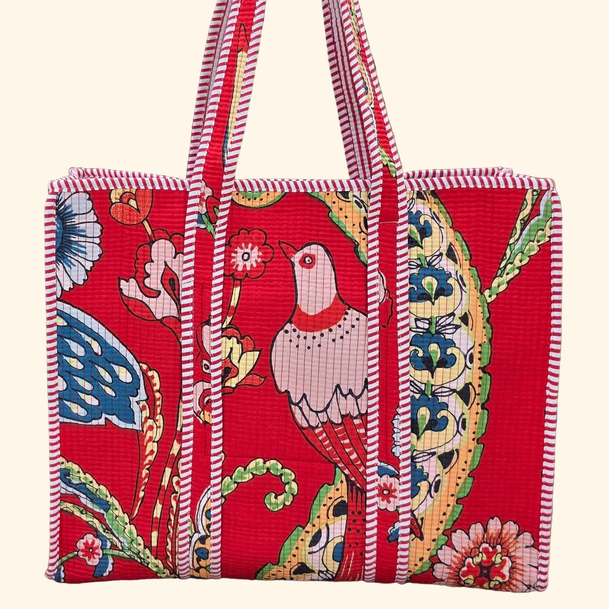 red vibrant bird print quilted cotton tote bag reversible machine washable with pockets