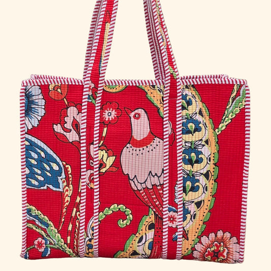 red vibrant bird print quilted cotton tote bag reversible machine washable with pockets
