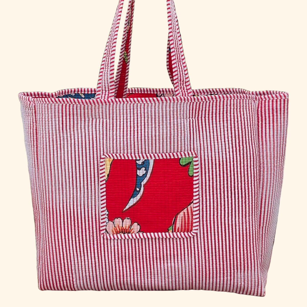 red vibrant bird print quilted cotton tote bag reversible machine washable with pockets plain reverse shot