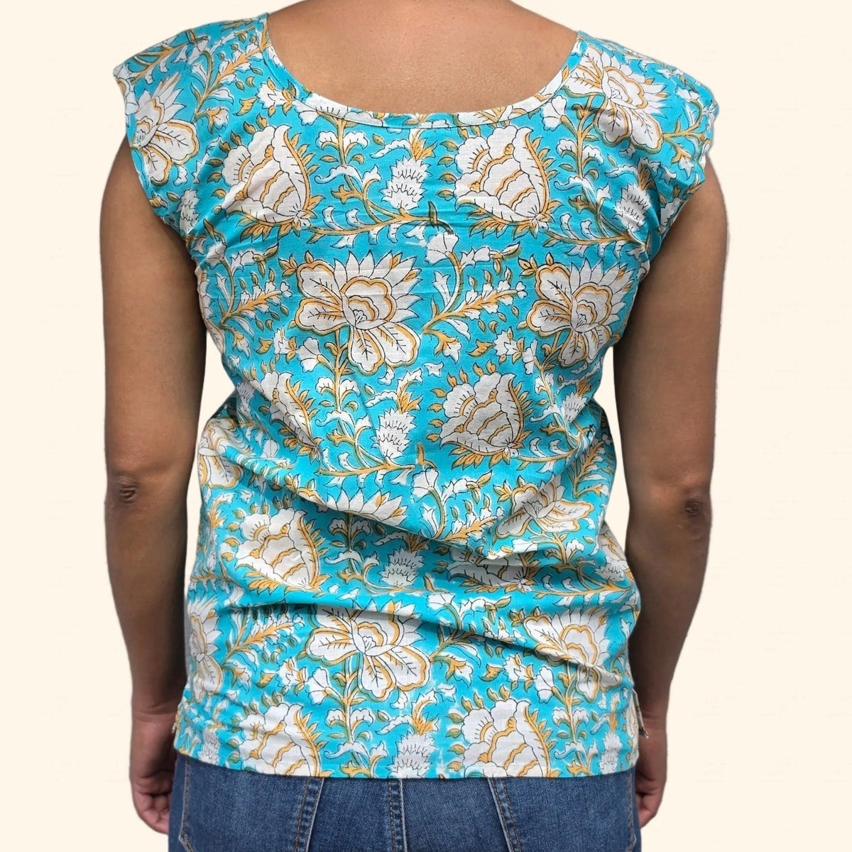 sea green floral print premium cotton sleeveless tank top