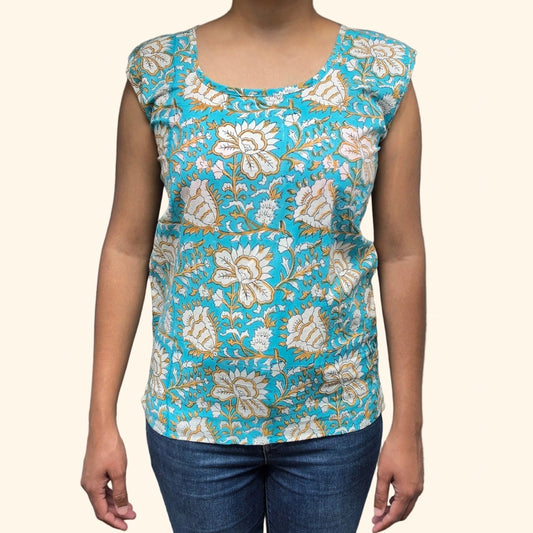 sea green floral print premium cotton sleeveless tank top