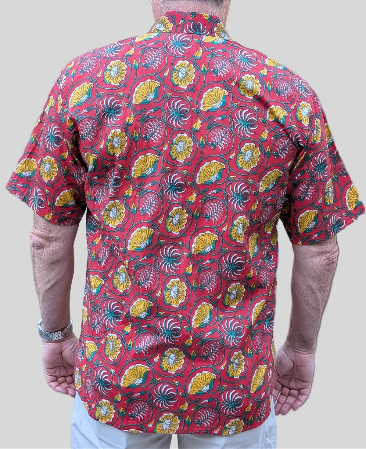 unisex red and yellow floral blockprint  short sleeve button down shirt with pocket and wooden buttons