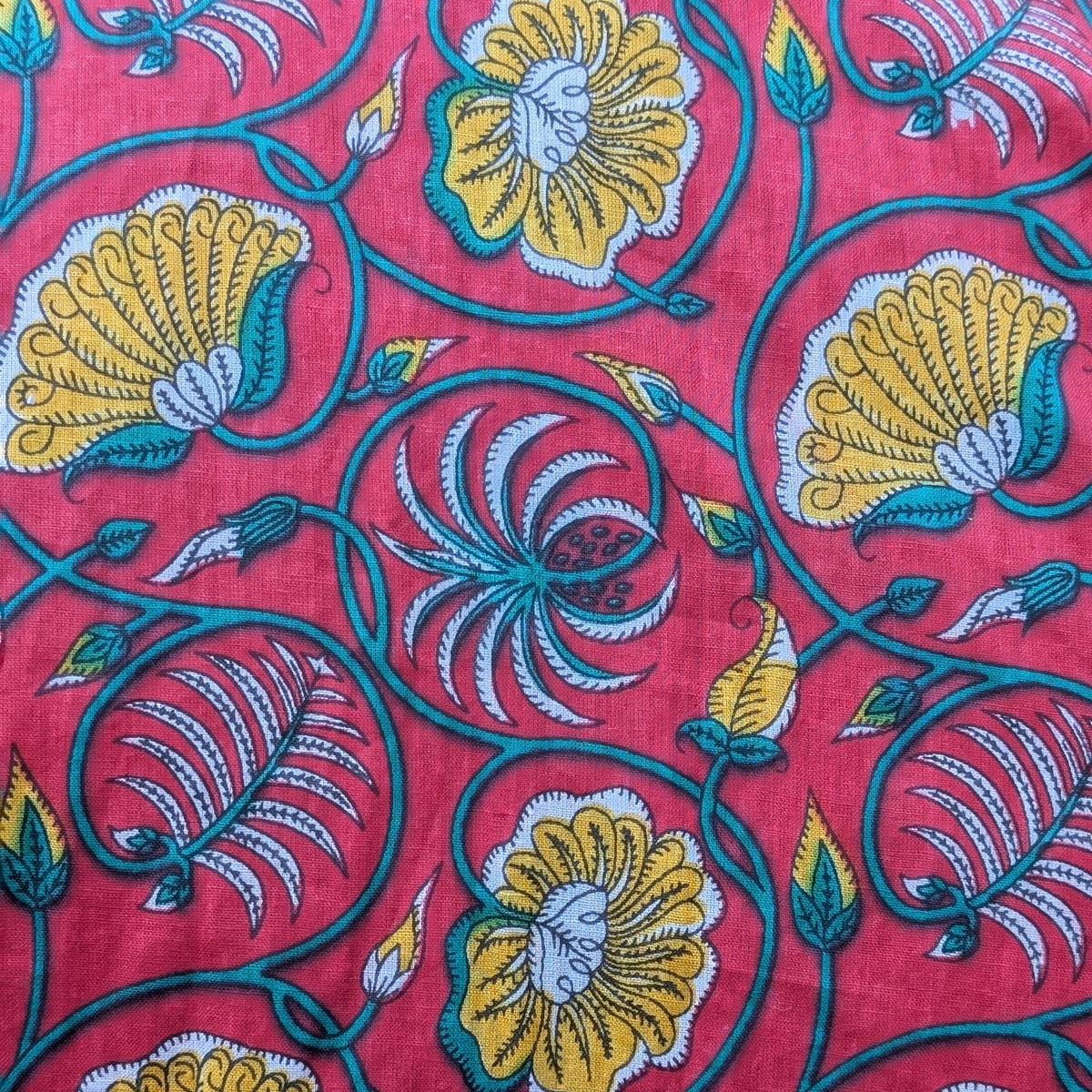 unisex red and yellow floral blockprint  short sleeve button down shirt with pocket and wooden buttons