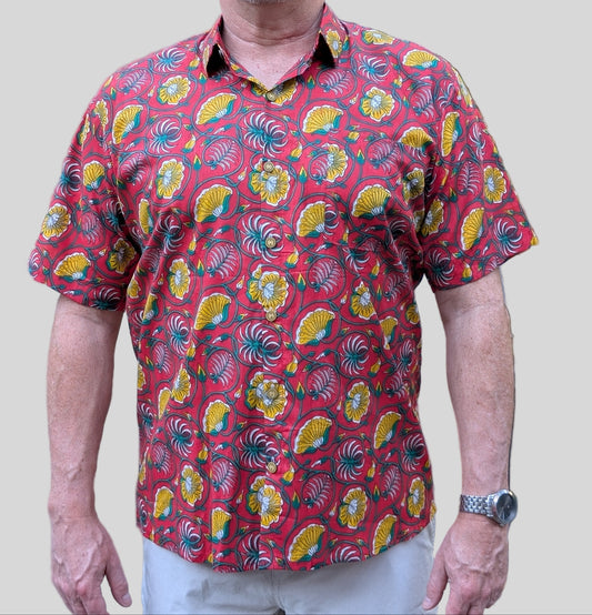 unisex red and yellow floral blockprint  short sleeve button down shirt with pocket and wooden buttons