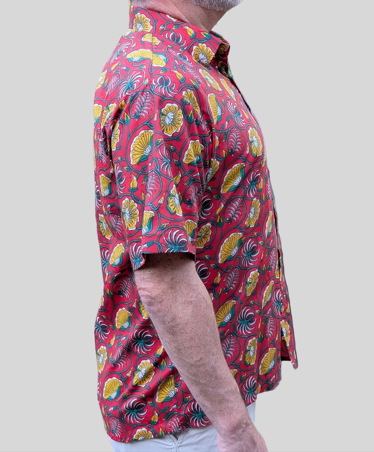unisex red and yellow floral blockprint  short sleeve button down shirt with pocket and wooden buttons
