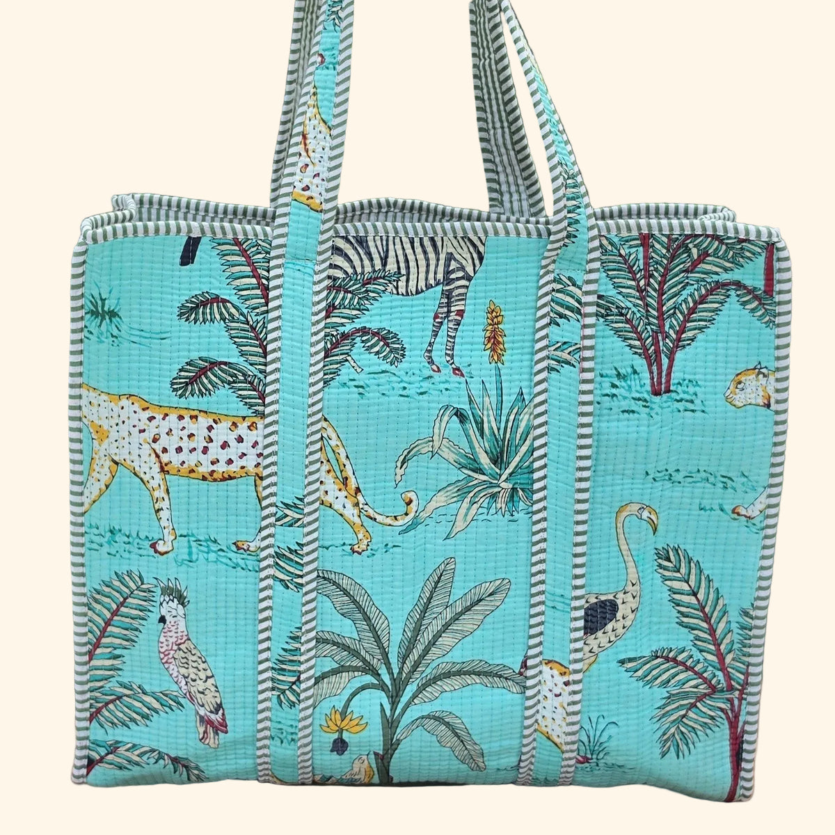 turqiose blue jungle print quilted cotton tote bag reversible machine washable with pockets