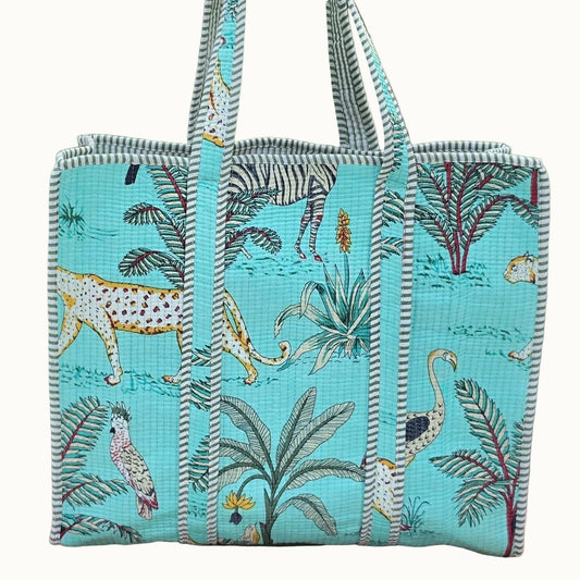 turqiose blue jungle print quilted cotton tote bag reversible machine washable with pockets