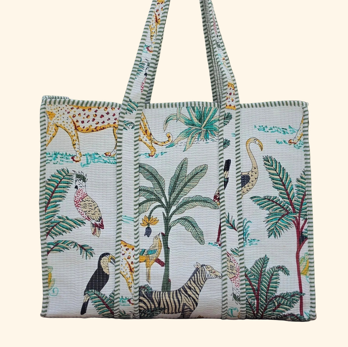 white jungle print quilted cotton tote bag reversible machine washable with pockets