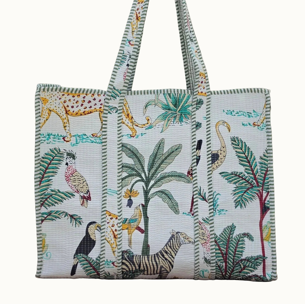 white jungle print quilted cotton tote bag reversible machine washable with pockets