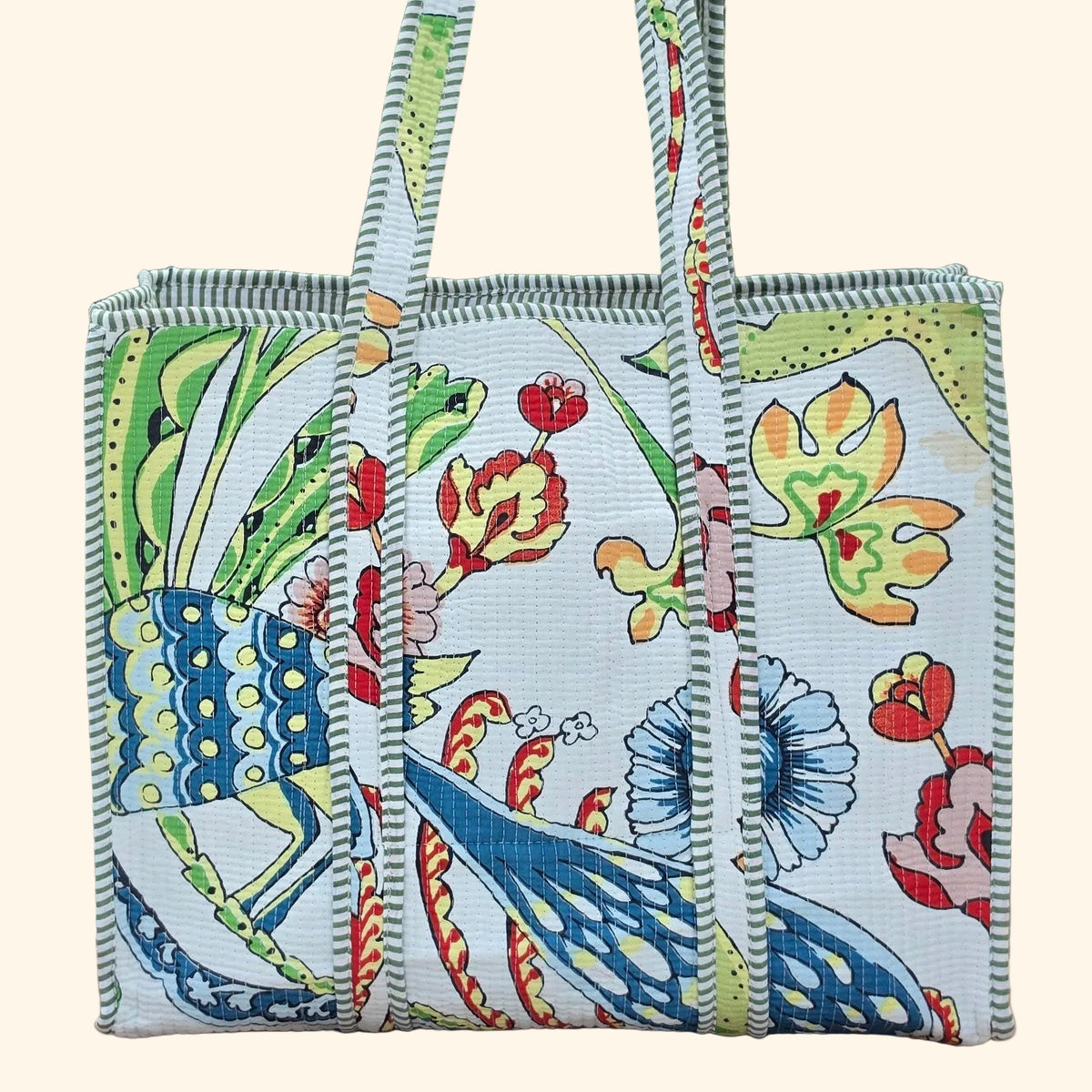 white vibrant bird print quilted cotton tote bag reversible machine washable with pockets plain shot