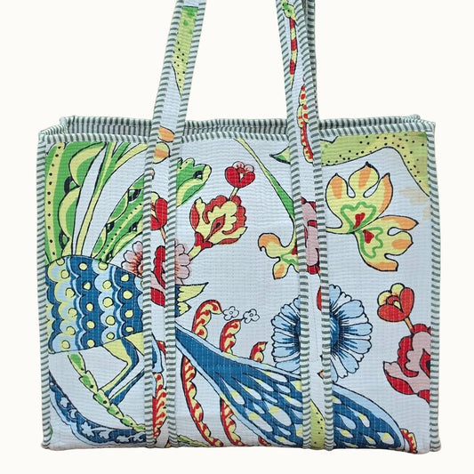 white vibrant bird print quilted cotton tote bag reversible machine washable with pockets plain shot