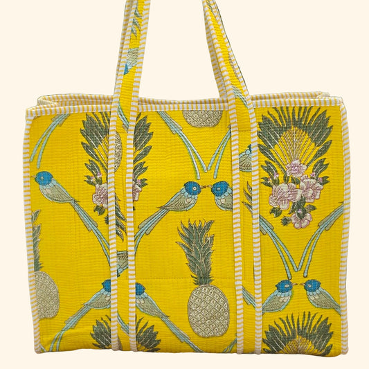 yellow and blue birds and fruits pattern quilted cotton tote bag reversible machine washable with pockets plain image