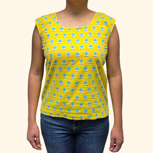 yellow floral dandelion print premium cotton sleeveless tank top