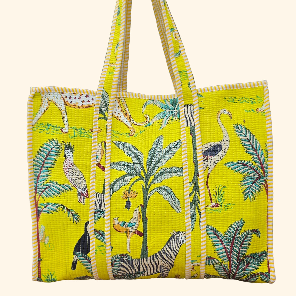 yellow jungle print quilted cotton tote bag reversible machine washable with pockets 