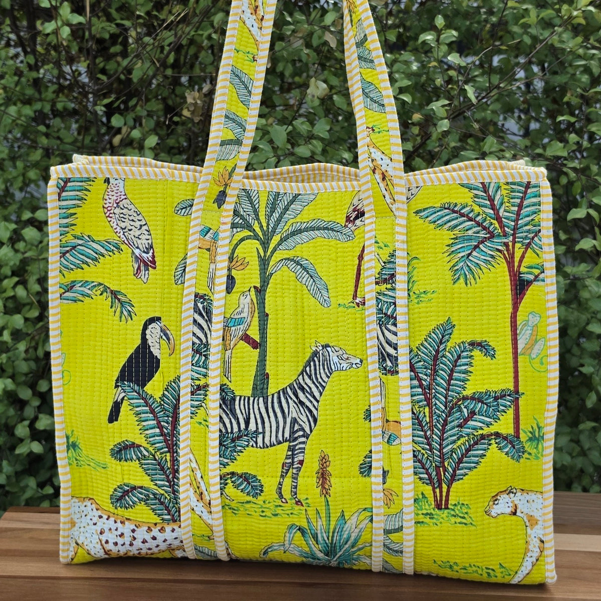 yellow jungle print quilted cotton tote bag reversible machine washable with pockets lifestyle shot