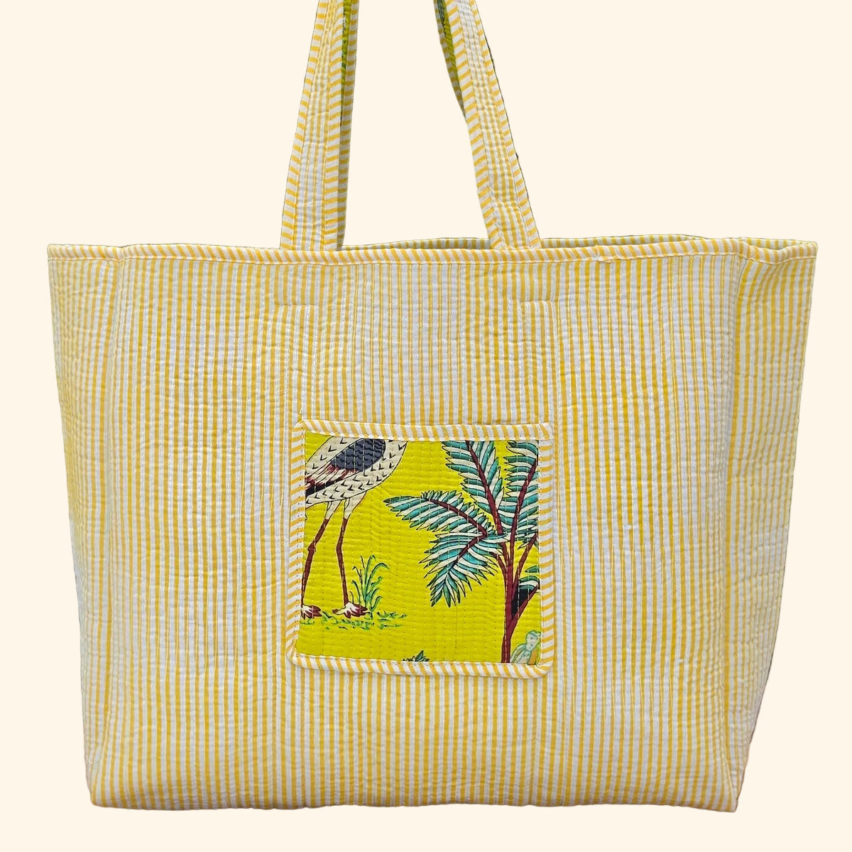 yellow jungle print quilted cotton tote bag reversible machine washable with pockets plain reversible shot