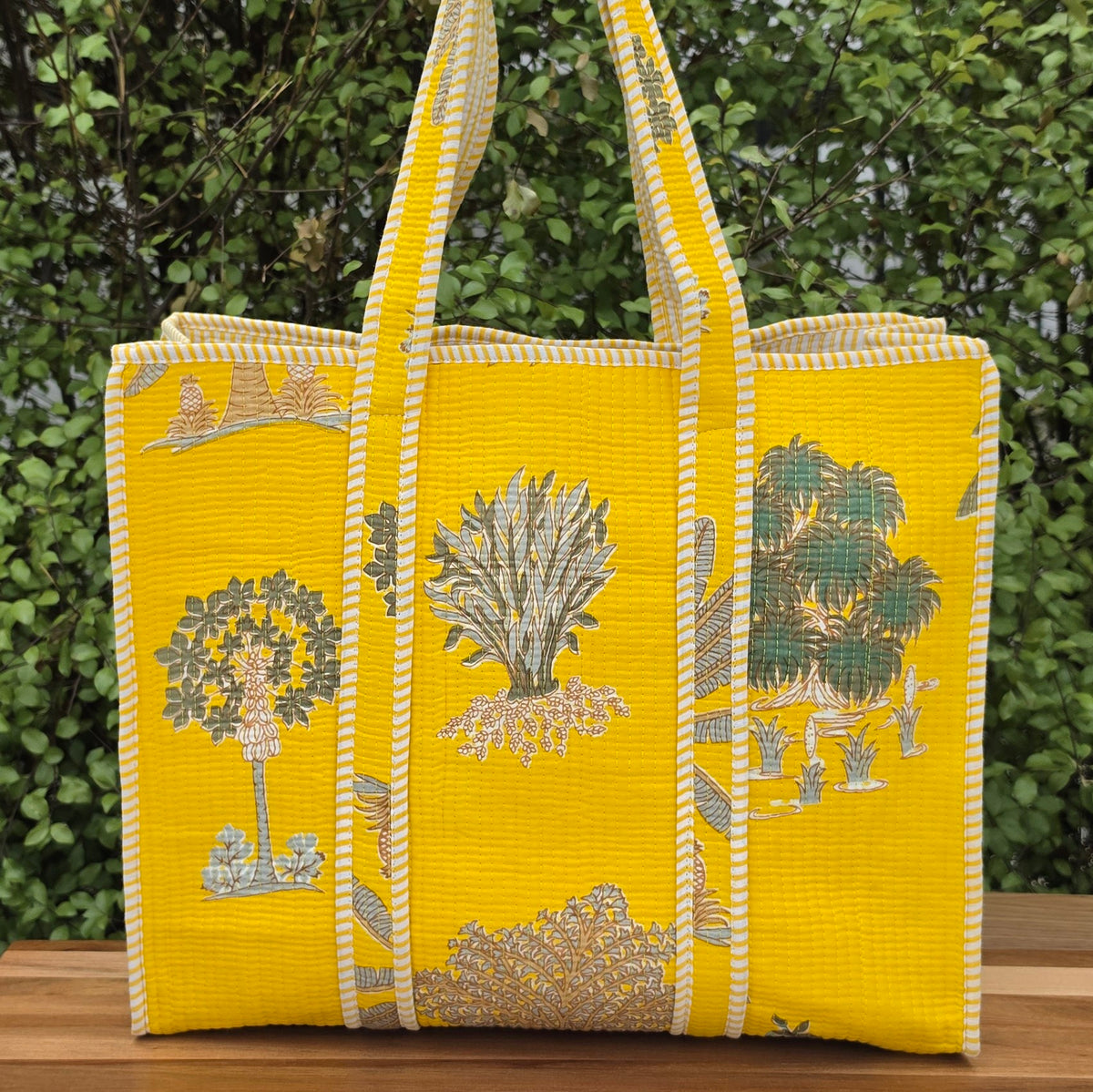 yellow palm beach quilted cotton tote bag reversible machine washable with pockets lifestyle image