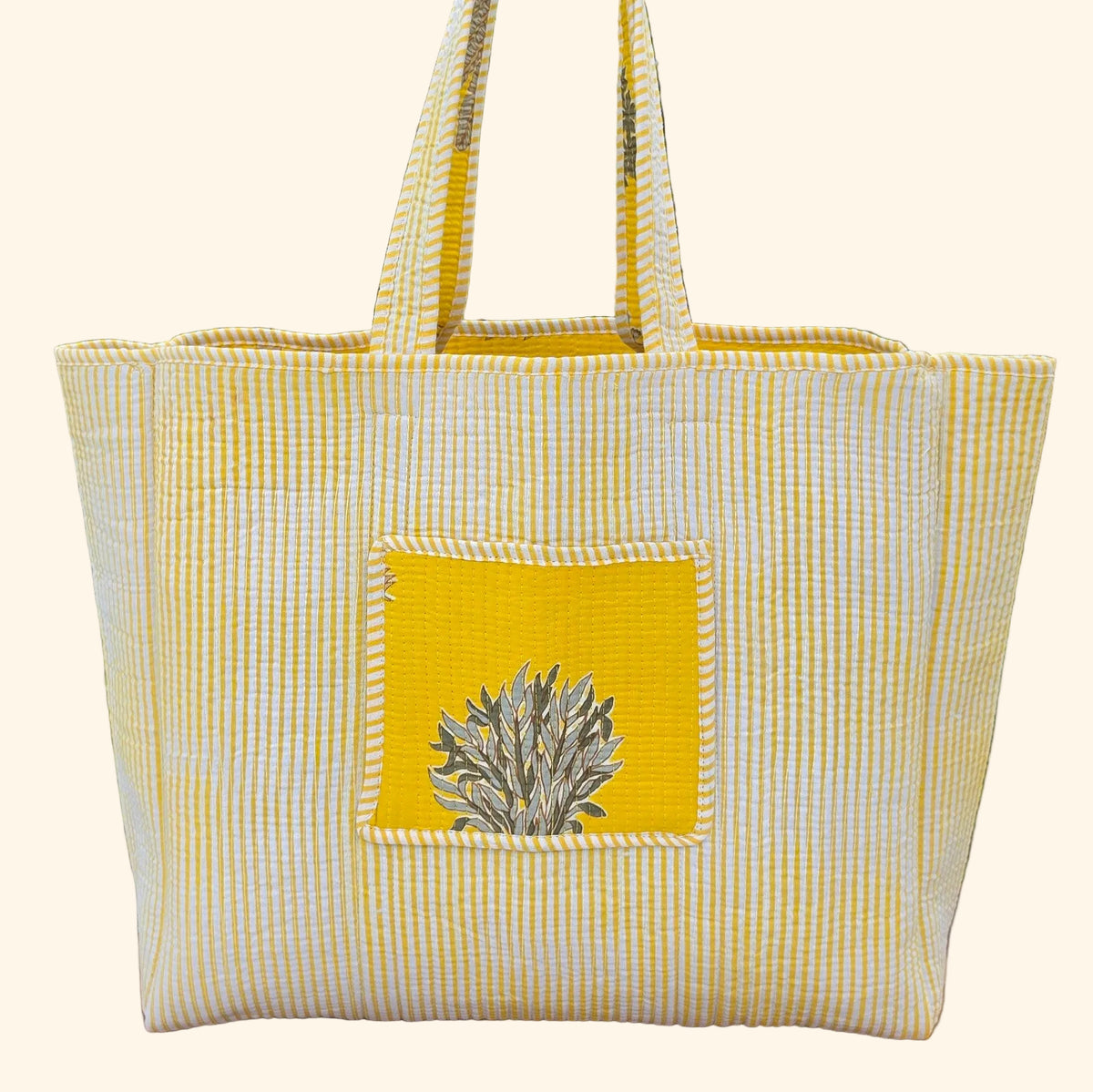 yellow palm beach quilted cotton tote bag reversible machine washable with pockets plain reversed image